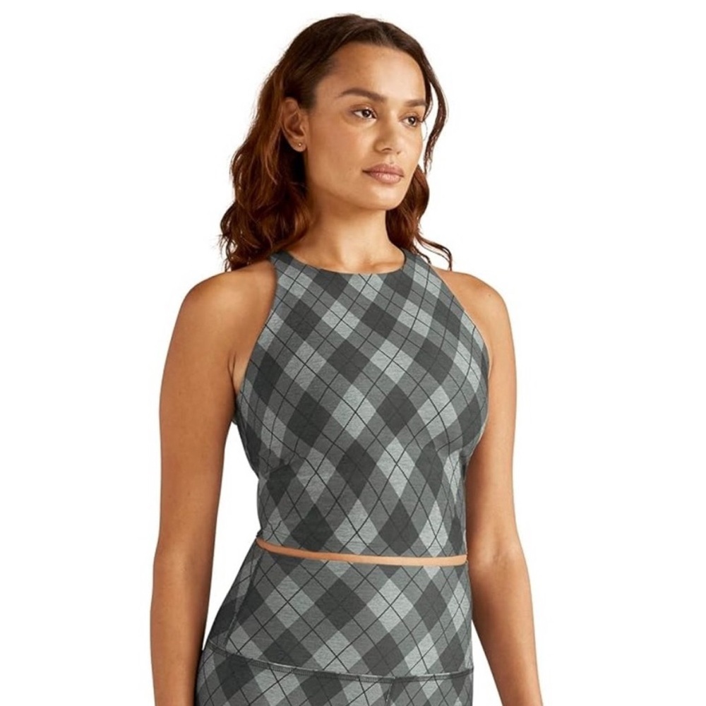 Beyond Yoga Gray Argyle Women's cropped tank bra - like new EUC